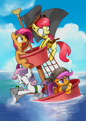 Size: 2149x3035 | Tagged: safe, artist:gashiboka, apple bloom, babs seed, scootaloo, sweetie belle, earth pony, pegasus, pony, unicorn, g4, bandana, belt, bucket, clothes, cloud, cutie mark crusaders, eyepatch, female, filly, flag, gun, handgun, hat, high res, ocean, open mouth, pirate, pistol, sky, tree sap and pine needles, tricorne, water
