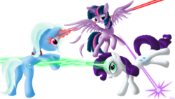 Size: 2560x1440 | Tagged: safe, artist:awalex, rarity, trixie, twilight sparkle, alicorn, pony, unicorn, g4, alicorn amulet, female, horn, inspirarity, mare, possessed, simple background, transparent background, twilight sparkle (alicorn)