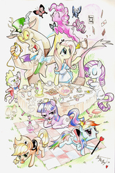 Size: 800x1207 | Tagged: safe, artist:annamariabryant, applejack, discord, fluttershy, pinkie pie, rainbow dash, rarity, spike, twilight sparkle, g4, alice in wonderland, crossover, cup, hoof hold, hookah, mad hatter, mane seven, mane six, pocket watch, queen of hearts, smoking, tea party, teacup, teapot, traditional art, white rabbit