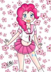 Size: 754x1056 | Tagged: safe, artist:kizan, pinkie pie, human, g4, belly button, blush sticker, blushing, clothes, female, humanized, kneesocks, midriff, miniskirt, pixiv, sailor uniform, school uniform, schoolgirl, skirt, socks, solo