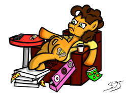 Size: 1024x768 | Tagged: safe, artist:spinoffjoe, cheese sandwich, g4, chair, crumbs, donut, fat, food, inactive, male, mandatory fun, pizza, remote control, simple background, solo, transparent background, weird al yankovic