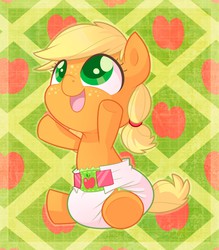 Size: 1121x1280 | Tagged: safe, artist:cuddlehooves, applejack, pony, g4, baby, baby pony, babyjack, cuddlehooves is trying to murder us, cute, cutie mark diapers, diaper, female, foal, hnnng, jackabetes, looking up, open mouth, poofy diaper, sitting, smiling, solo, weapons-grade cute