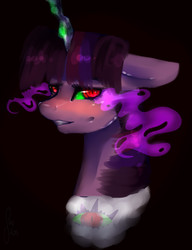 Size: 1534x2000 | Tagged: safe, artist:saoiirse, twilight sparkle, g4, blushing, colored horn, corrupted, curved horn, dark magic, deformed horn, elements of power, evil, female, glowing eyes, horn, jagged horn, magic, peytral, solo, sombra eyes, sombra horn