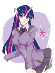 Size: 1500x2000 | Tagged: safe, artist:kumikoi, twilight sparkle, human, g4, breasts, busty twilight sparkle, female, horn, horned humanization, humanized, pixiv, solo