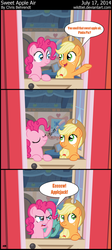 Size: 1424x3189 | Tagged: safe, artist:wildtiel, applejack, lyra heartstrings, pinkie pie, g4, comic, fart joke, implied farting, scrunchy face