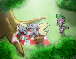 Size: 4184x3232 | Tagged: safe, artist:infinitydash, derpy hooves, spike, pegasus, pony, g4, digital art, female, mare, muffin, pencil drawing