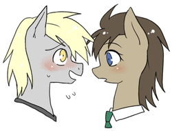 Size: 530x402 | Tagged: safe, artist:re_ghotion, derpy hooves, doctor whooves, time turner, g4, blushing, dopey hooves, eye contact, female, happy, male, mare, open mouth, professor whooves, rule 63, ship:doctorderpy, ship:dopeytoress, shipping, smiling, stallion, straight, the doctoress