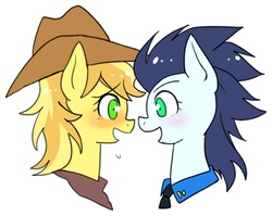 Size: 558x444 | Tagged: safe, artist:re_ghotion, braeburn, soarin', earth pony, pegasus, pony, g4, bailey sweet, blushing, eye contact, female, glide, happy, lesbian, looking at each other, mare, open mouth, r63 shipping, rule 63, ship:baileyglide, ship:soarburn, shipping, smiling