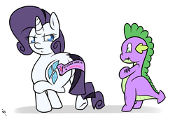 Size: 3000x2000 | Tagged: safe, artist:doggonepony, rarity, spike, g4, bumper sticker, butt, high res, plot, unamused