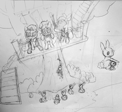 Size: 2061x1886 | Tagged: safe, artist:infinitydash, apple bloom, scootaloo, sweetie belle, rabbit, g4, clubhouse, crusaders clubhouse, cutie mark crusaders, monochrome, pencil drawing, sketch, traditional art, treehouse, wip