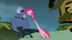 Size: 1280x720 | Tagged: safe, screencap, iron will, pinkie pie, minotaur, pony, g4, putting your hoof down, season 2, eye contact, floppy ears, frown, long neck, long pony, nope.avi, open mouth, pinkie being pinkie, pinkie physics, stretching, wide eyes
