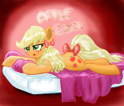 Size: 2500x2141 | Tagged: safe, artist:impcjcaesar, applejack, g4, alternate hairstyle, bed, blushing, bow, female, high res, lying, solo, tail bow