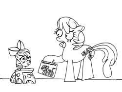 Size: 5000x3750 | Tagged: safe, artist:scobionicle99, apple bloom, cheerilee, earth pony, pony, g4, as if i really look like this, big fat meanie, drawing, female, filly, mare, monochrome, new student starfish, spongebob squarepants