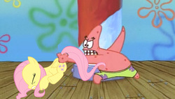 Size: 2222x1265 | Tagged: safe, fluttershy, g4, 1000 years in photoshop, abuse, duckery in the description, flutterbuse, hate art, male, op is a duck, op is a krabby patty, op is trying to start shit, patrick star, spongebob squarepants, valentine's day (spongebob episode)