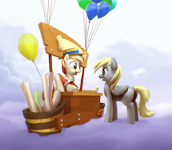 Size: 2606x2274 | Tagged: safe, artist:moonlitbrush, derpy hooves, peachy pitt, pegasus, pony, comic:derpy deliveries, g4, balloon, banner, boater, booth, cloud, cloudy, female, hat, high res, mare