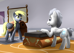 Size: 2975x2143 | Tagged: safe, artist:moonlitbrush, derpy hooves, oc, pegasus, pony, comic:derpy deliveries, g4, delivery, high res, saddle bag, smiling