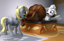 Size: 2975x1916 | Tagged: safe, artist:moonlitbrush, derpy hooves, oc, pegasus, pony, comic:derpy deliveries, g4, box, bubble butt, butt, crying, delivery, mail, plot, sad, saddle bag