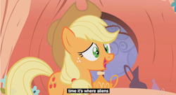 Size: 853x463 | Tagged: source needed, safe, screencap, applejack, alien, g4, exploitable meme, female, meme, solo, youtube caption