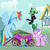 Size: 1950x1950 | Tagged: safe, artist:magerblutooth, diamond tiara, rainbow dash, tank, oc, oc:dazzle, cat, earth pony, pegasus, pony, tortoise, g4, annoyed, apologetic, broken, female, filly, foal, mare, wagon