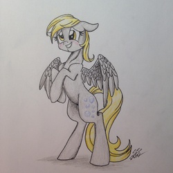 Size: 2448x2448 | Tagged: safe, artist:psponyartist, derpy hooves, pony, g4, bipedal, blushing, female, floppy ears, high res, smiling, solo, spread wings, traditional art