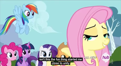 Size: 852x466 | Tagged: source needed, safe, screencap, applejack, fluttershy, pinkie pie, rainbow dash, rarity, twilight sparkle, alicorn, pony, g4, female, lidded eyes, meme, twilight sparkle (alicorn), youtube caption