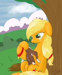 Size: 1600x1920 | Tagged: safe, artist:emberfall0507, applejack, winona, g4, crying, dead, hatless, holding, missing accessory, sad