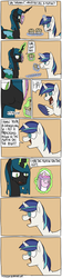 Size: 1000x4472 | Tagged: safe, artist:timsplosion, queen chrysalis, shining armor, pony, unicorn, comic:shining armor is a goddamn moron, g4, :t, backfire, comic, didn't think this through, disguise, eating, fangs, food, magic, magic aura, male, mask, muffin, no pupils, open mouth, paper-thin disguise, paralyzed, pointing, shining armor is a goddamn moron, short mane, smiling, spy, spy (tf2), tan background, team fortress 2, telekinesis, this will end in hospitalization, trap, underhoof, you tried