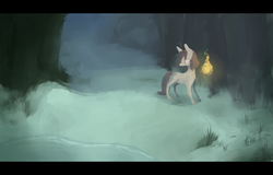 Size: 1024x654 | Tagged: dead source, safe, artist:berrydrops, oc, oc only, oc:pocket, earth pony, pony, female, forest, mare, scenery, snow, solo, torch