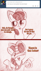 Size: 792x1370 | Tagged: safe, artist:jaxonian, apple bloom, earth pony, pony, ask fapplebloom, g4, 2 panel comic, ask, clothes, comic, female, filly, frilly underwear, heart, monochrome, panties, solo, striped underwear, thong, tumblr, underwear, wardrobe misuse