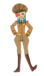 Size: 752x1300 | Tagged: safe, artist:carnifex, rainbow dash, human, g4, boots, clothes, diplomat-verse, female, gap teeth, hat, humanized, jacket, pants, shirt, shoes, solo, uniform