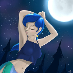 Size: 2400x2400 | Tagged: safe, artist:captainpudgemuffin, princess luna, human, g4, armpits, beautiful, belly button, belly dancer, belly piercing, bellyring, clothes, eyes closed, female, grin, high res, humanized, midriff, moon, night, piercing, sarong, sky, smiling, solo, tank top