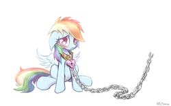 Size: 807x500 | Tagged: safe, artist:mlpanon, rainbow dash, g4, bondage, chained, chains, collar, female, floppy ears, heart, heart padlock, leash, padlock, padlocked collar, sad, simple background, solo, white background