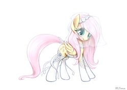 Size: 753x535 | Tagged: safe, artist:mlpanon, fluttershy, pegasus, pony, g4, clothes, cute, dress, female, mare, pretty, ribbon, shyabetes, simple background, smiling, solo, standing, stockings, veil, waifu, wedding dress, white background