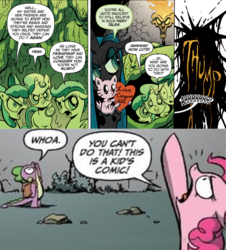 Size: 1036x1148 | Tagged: safe, edit, idw, apple bloom, pinkie pie, queen chrysalis, scootaloo, spike, sweetie belle, dragon, earth pony, pegasus, pony, unicorn, g4, spoiler:comic, black splotch, breaking the fourth wall, cocoon, comic, cute citizens of wuvy-dovey land, cutie mark crusaders, female, filly, implied death, implied murder, innocent kitten, male, mare, meme, suddenly terrifying chrysalis, this is a kid's comic, thump, you know for kids
