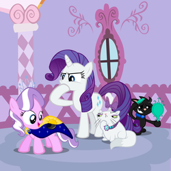 Size: 1950x1950 | Tagged: safe, artist:magerblutooth, diamond tiara, opalescence, rarity, oc, oc:dazzle, cat, earth pony, pony, unicorn, g4, female, filly, foal, mare