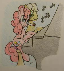 Size: 2192x2424 | Tagged: safe, artist:cyanjames2819, frederic horseshoepin, pinkie pie, g4, crack shipping, female, high res, horseshoepie, male, music notes, musical instrument, piano, shipping, straight, traditional art