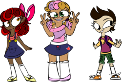 Size: 969x653 | Tagged: safe, artist:mushroomcookiebear, apple bloom, scootaloo, sweetie belle, human, g4, cutie mark crusaders, dark skin, humanized, natural hair color