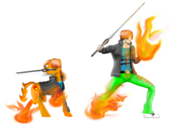 Size: 1032x774 | Tagged: safe, artist:cjvselinmortal, oc, oc only, oc:eliseo rossi, human, clothes, fire, human ponidox, ponified, sword