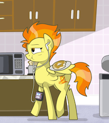 Size: 800x900 | Tagged: safe, artist:trace-101, spitfire, pegasus, pony, g4, donut, earbuds, female, ipod, multitasking, solo, toast, wing hold
