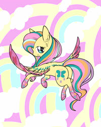 Size: 1200x1500 | Tagged: safe, artist:st3ffimon, fluttershy, pegasus, pony, g4, abstract background, butt, ear fluff, female, flying, mare, plot, rainbow power, solo, starry eyes, wingding eyes