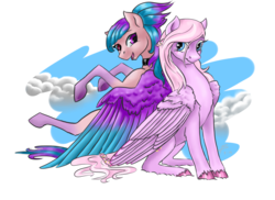 Size: 1024x744 | Tagged: safe, artist:dragonademetal, oc, oc only, oc:shiny dawn, oc:sugar bloom, pegasus, pony, cloud, cute, duo, fluffy, freckles, looking at you, looking back, open mouth, simple background, sitting, smiling, transparent background, underhoof, unshorn fetlocks, wing fluff