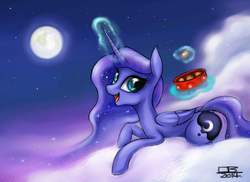 Size: 1100x800 | Tagged: safe, artist:coke-brother, princess luna, g4, cloud, cloudy, female, moon, prone, solo