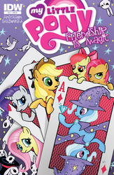 Size: 1988x3056 | Tagged: safe, artist:billforster, angel bunny, apple bloom, applejack, fluttershy, rarity, trixie, bird, dove, rabbit, g4, idw, spoiler:comic, spoiler:comic21, card, cover, cover art, hat, idw advertisement, magic trick, poker, top hat