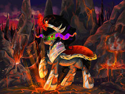 Size: 1600x1200 | Tagged: safe, artist:dearmary, king sombra, g4, armor, dark magic, lava, magic, male, solo, sombra eyes