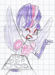 Size: 585x803 | Tagged: safe, artist:keytee-chan, twilight sparkle, anthro, g4, alternate hairstyle, duckery in the description, graph paper, housewife, lipstick, traditional art, twilight sparkle (alicorn)