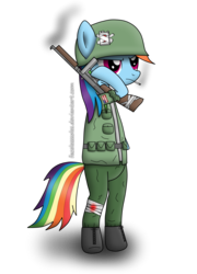 Size: 2168x3008 | Tagged: dead source, safe, artist:facelesssoles, rainbow dash, pony, g4, bandage, bipedal, bleeding, blood, boots, cigarette, clothes, female, gun, helmet, high res, mare, military, shoes, simple background, smoking, soldier, solo, tommy gun, transparent background, uniform, wingless, world war ii