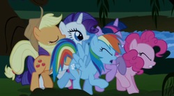 Size: 723x400 | Tagged: safe, screencap, applejack, pinkie pie, rainbow dash, rarity, twilight sparkle, earth pony, pegasus, pony, unicorn, friendship is magic, g4, butt touch, cropped, eyes closed, hoof on butt, out of context, unicorn twilight