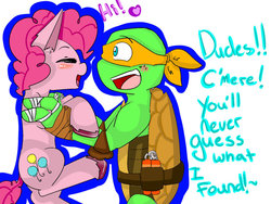 Size: 900x675 | Tagged: safe, artist:frannie90164, pinkie pie, g4, crossover, crossover shipping, michelangelo, pinkey, teenage mutant ninja turtles, tmnt 2012