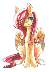 Size: 3169x4273 | Tagged: safe, artist:ombrepony, fluttershy, g4, female, high res, simple background, sitting, solo, traditional art