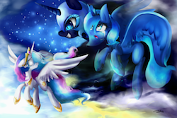 Size: 1280x853 | Tagged: safe, artist:mrsremi, nightmare moon, princess celestia, princess luna, g4, crying, flying, grin, open mouth, s1 luna, scared, smiling, spread wings